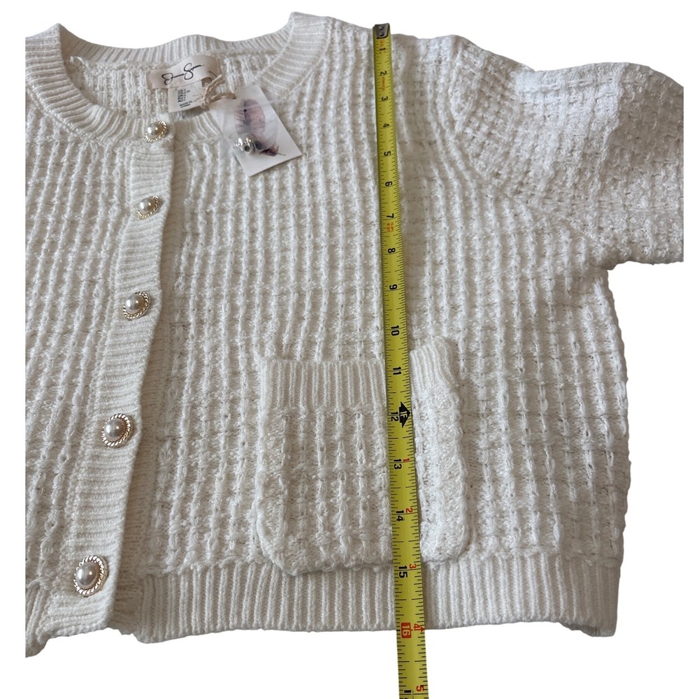 Jessica Simpson Womens Cream White Textured Knit Cropped Pearl Button Cardigan L - Picture 6 of 8
